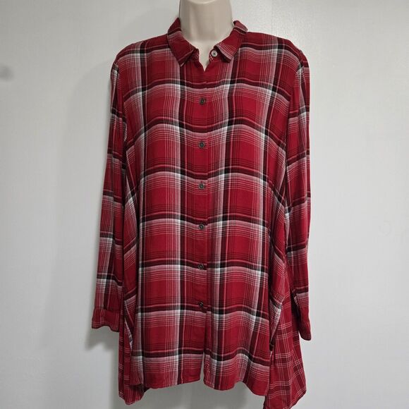 J Jill Petite Size PM Deep Red Black Plaid Rayon Relaxed Fit‎ Blouse Pockets - Picture 1 of 7